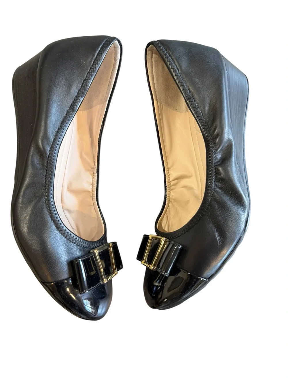 Cole Haan Grand.OS Black Leather Patent Toe Wedge Shoes Size 7B